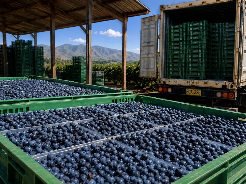 Jabas de arándanos cargándose a un contenedor refrigerado en planta, con el fundo al fondo